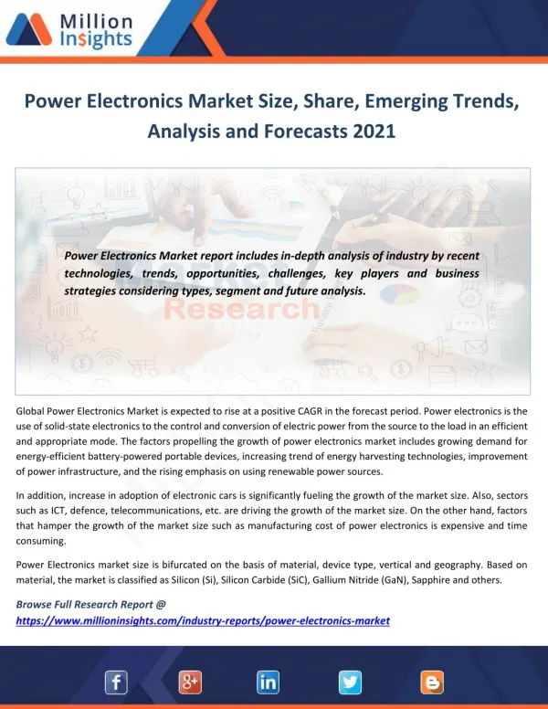 Power Electronics Market Applications, Types and Market Analysis to 2021