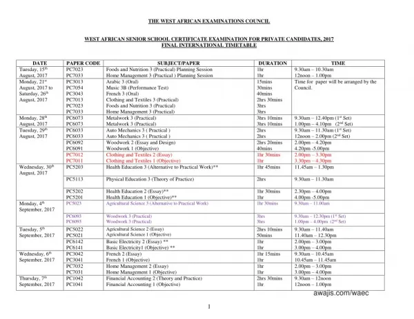 Waec GCE Timetable 2017