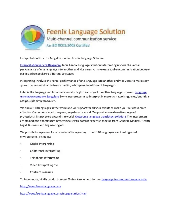 Interpretation Services Bangalore, India - Feenix Language Solution