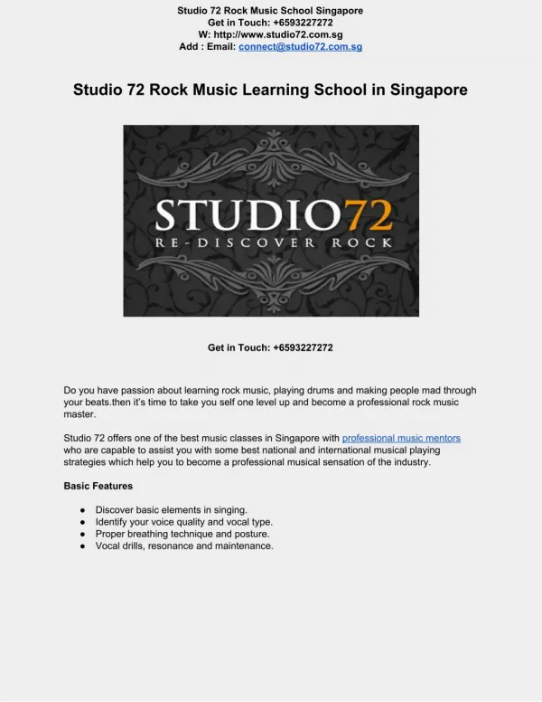 Studio 72 Rock Music Learning School in Singapore