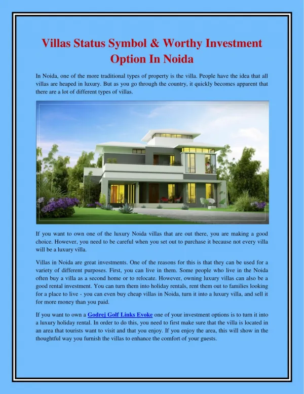 Villas Status Symbol & Worthy Investment Option in Noida