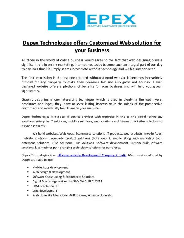 Depex Technologies offers Customized Web soluion For your Business