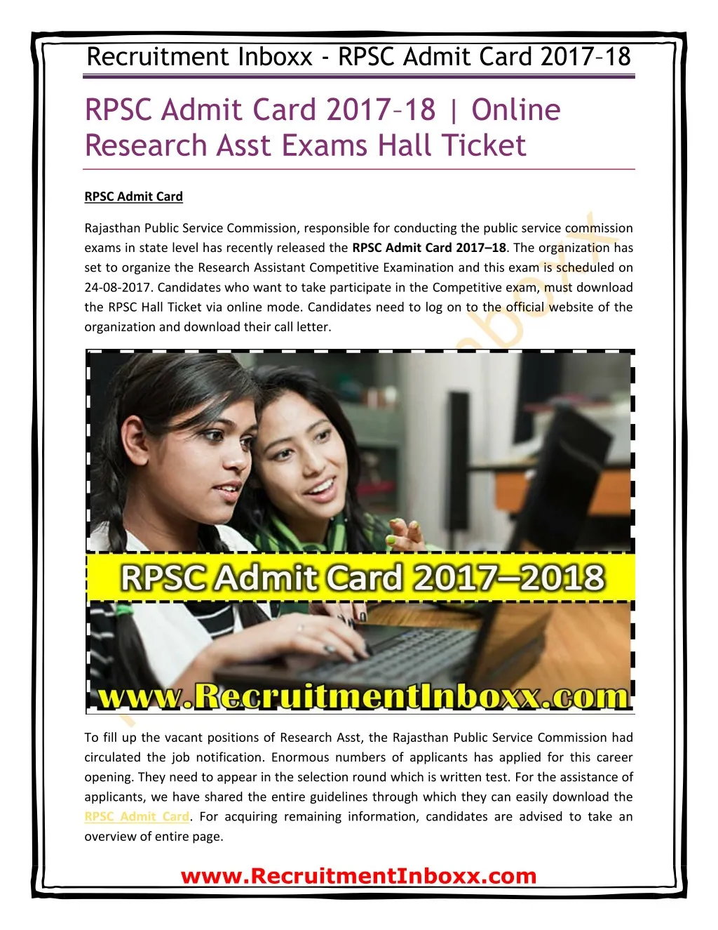 recruitment inboxx rpsc admit card 2017 18