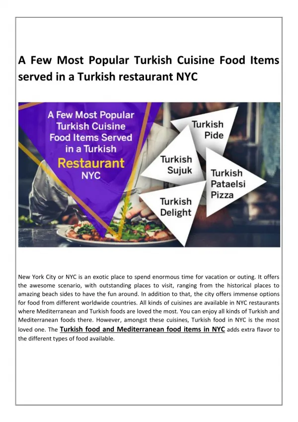 A Few Most Popular Turkish Cuisine Food Items served in a Turkish restaurant NYC