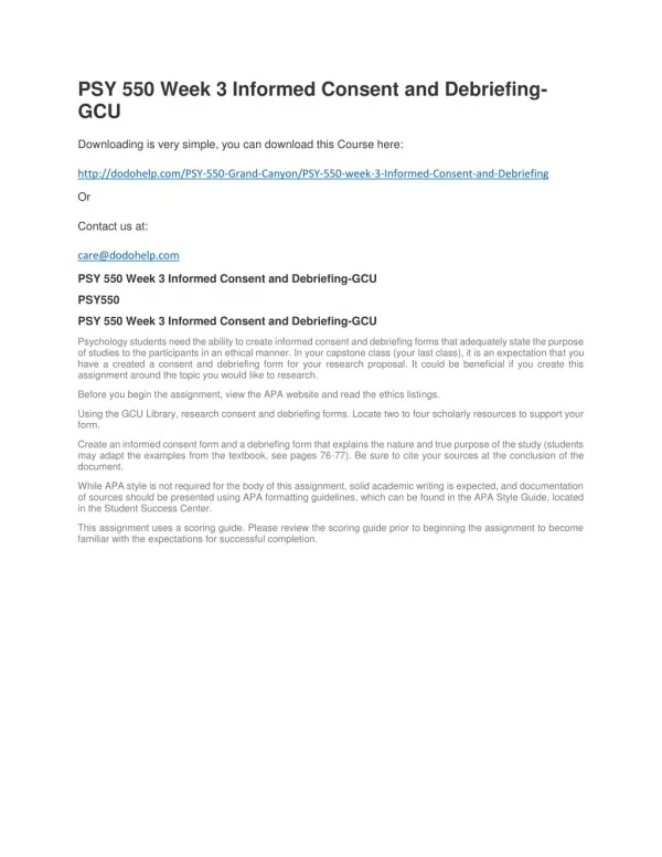 PSY 550 Week 3 Informed Consent and Debriefing-GCU