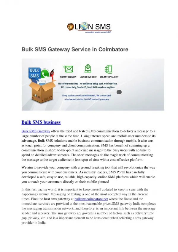 Bulk SMS Gateway Service in Coimbatore - www.bulksmscoimbatore.net