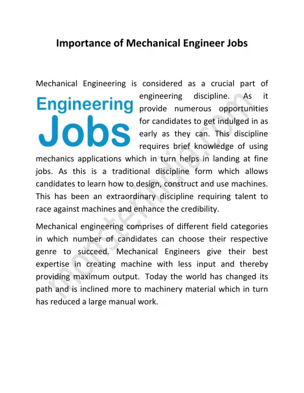 Importance of Mechanical Engineer Jobs