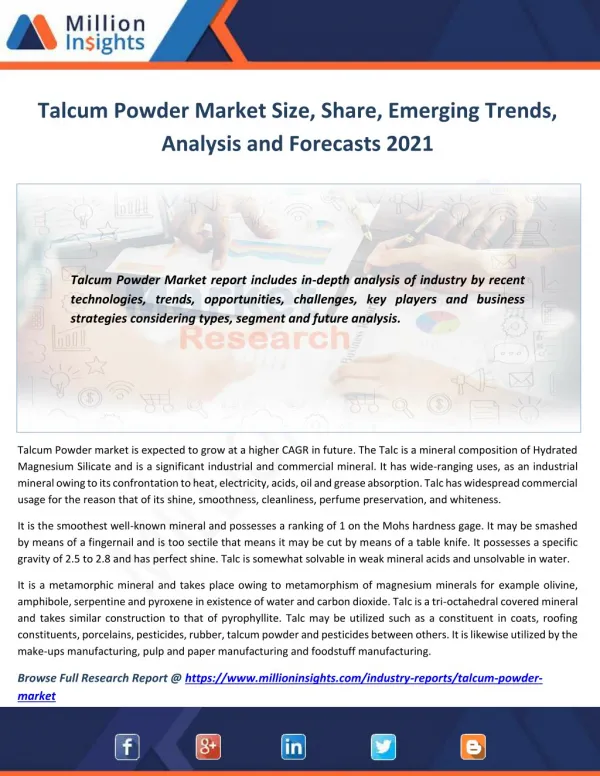 Talcum Powder Market Share, Growth, Outlook to 2021
