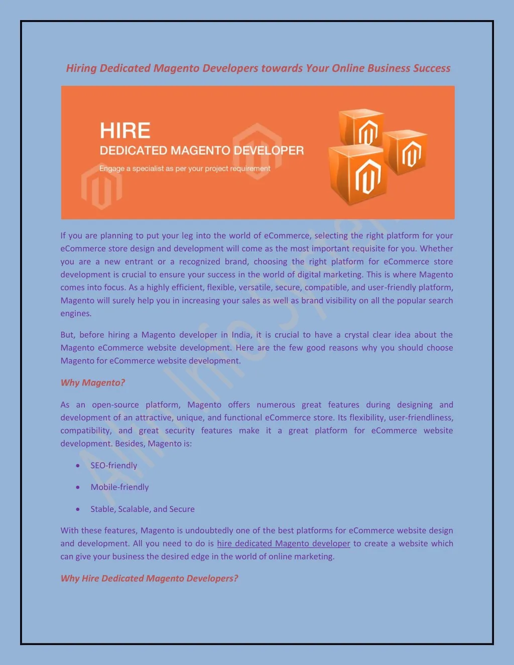 hiring dedicated magento developers towards your