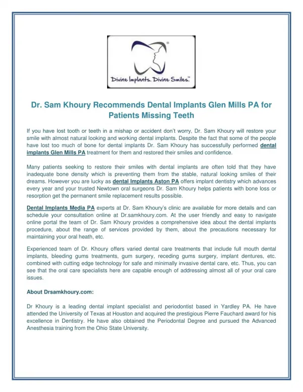 Dr. Sam Khoury Recommends Dental Implants Glen Mills PA for Patients Missing Teeth
