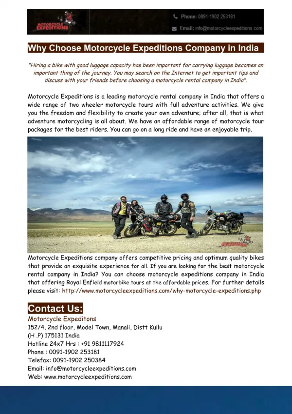 Motorcycle Rental Company In India - Motorcycle Expeditions