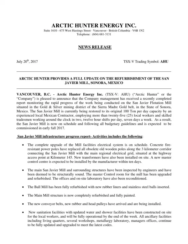 Arctic Hunter Energy Inc. (TSX-V: AHU) NEWS RELEASE on August 24th, 2017
