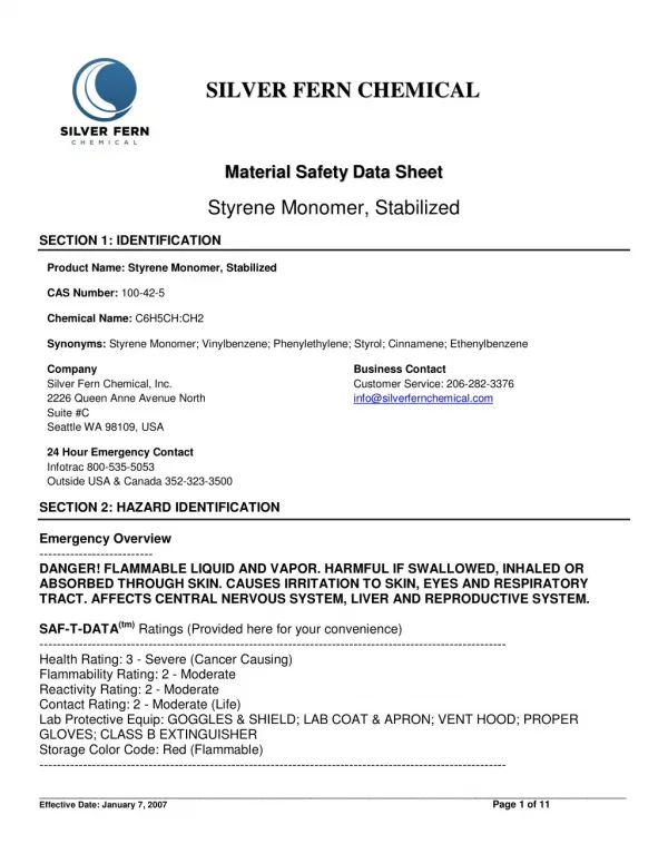 Material Safety Data Sheet of Styrene Monomer