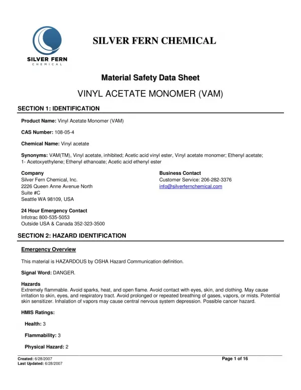 Material Safety Data Sheet of Vinyl Acetate Monomer