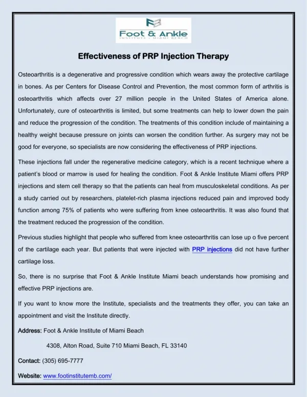Effectiveness of PRP Injection Therapy