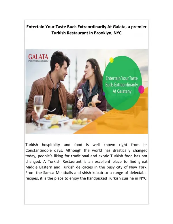 Entertain Your Taste Buds Extraordinarily At Galata, a premier Turkish Restaurant In Brooklyn, NYC