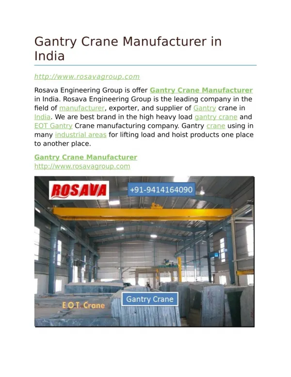 Gantry Crane Manufacturer in India