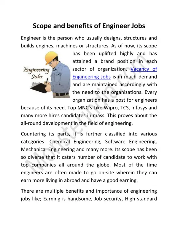 Scope and benefits of Engineer Jobs