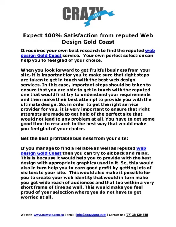 Expect 100% Satisfaction from reputed Web Design Gold Coast