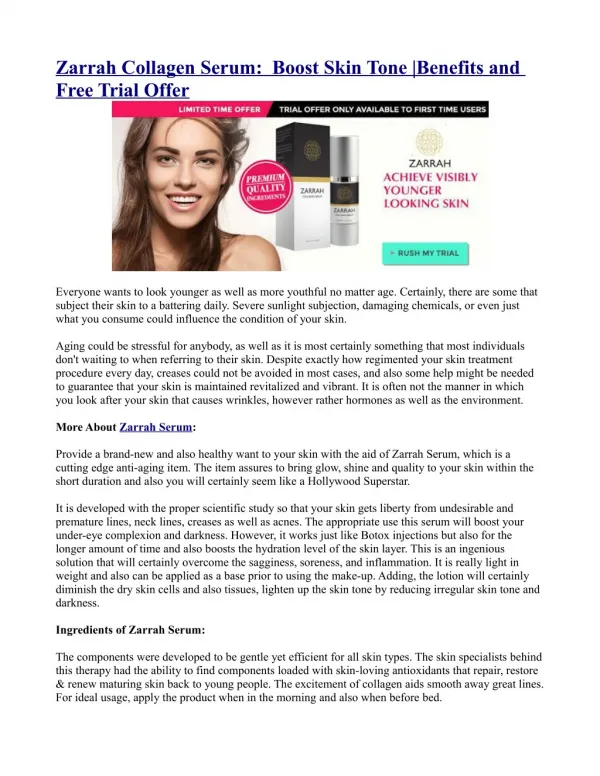 Zarrah Collagen Serum: Boost Skin Tone |Benefits and Free Trial Offer