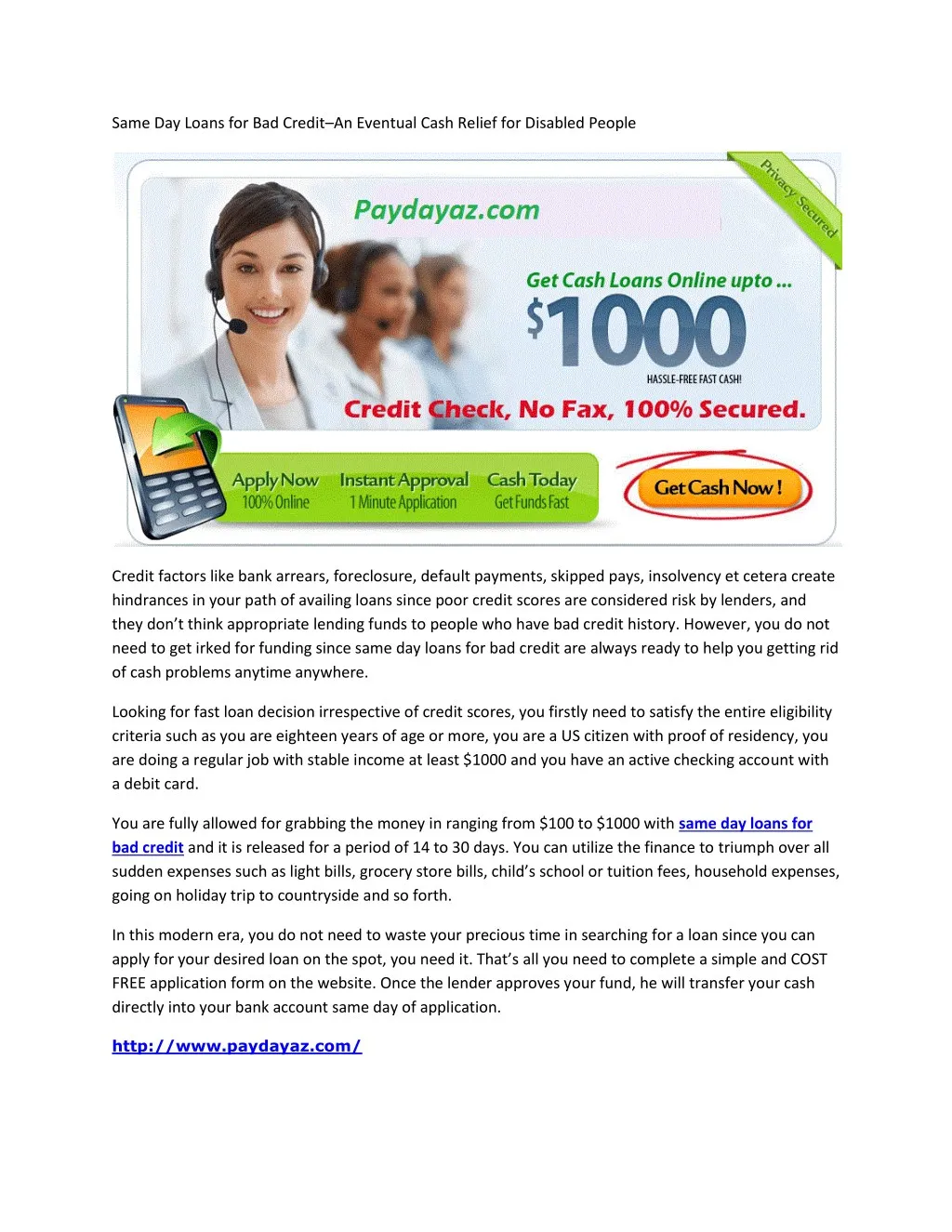 same day loans for bad credit an eventual cash