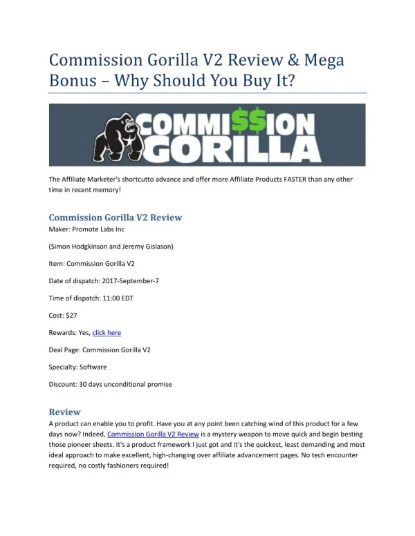 Commission Gorilla V2 Review & Mega Bonus – Why Should You Buy It?
