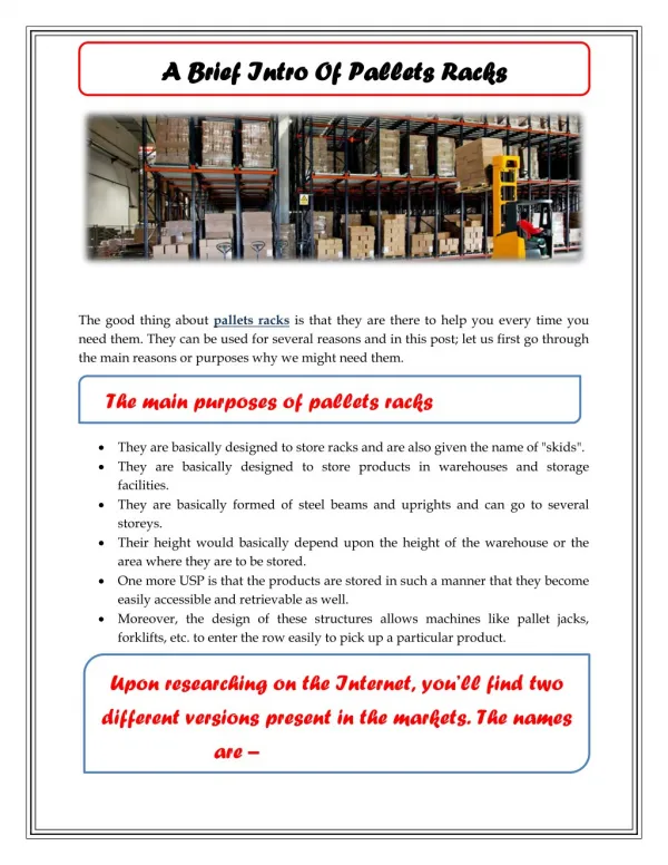 A Brief Intro Of Pallets Racks