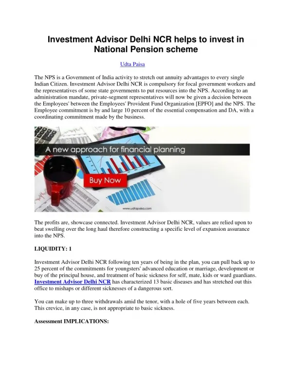 Investment Advisor Delhi NCR helps to invest in National Pension scheme