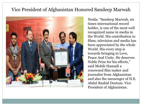 Vice President of Afghanistan Honored Sandeep Marwah