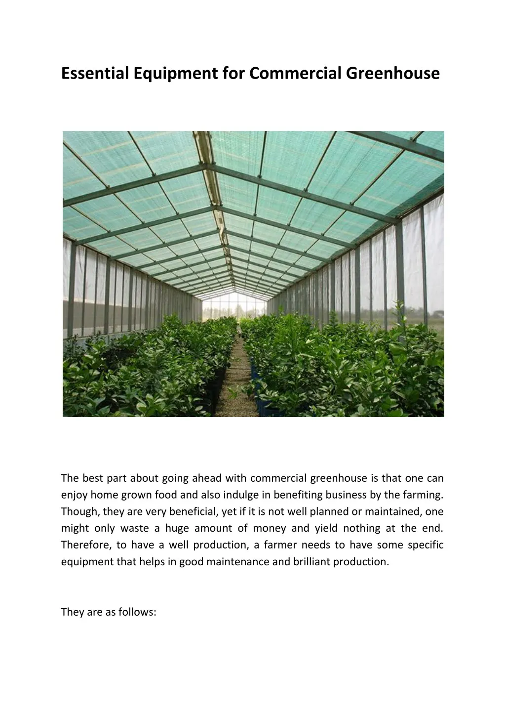 essential equipment for commercial greenhouse