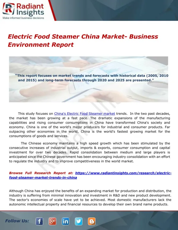 Electric Food Steamer China Market- Business Environment Report