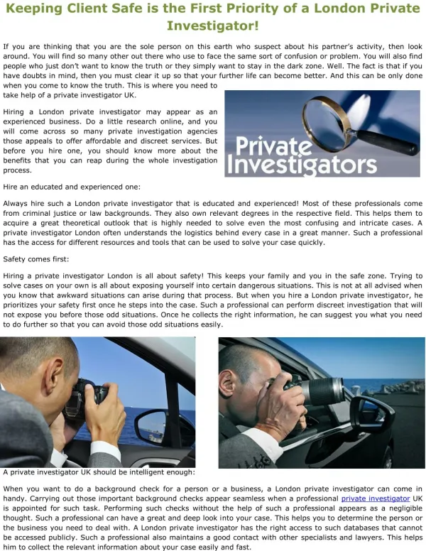 Keeping Client Safe is the First Priority of a London Private Investigator!