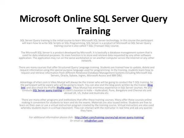 Microsoft Online SQL Server Query Training