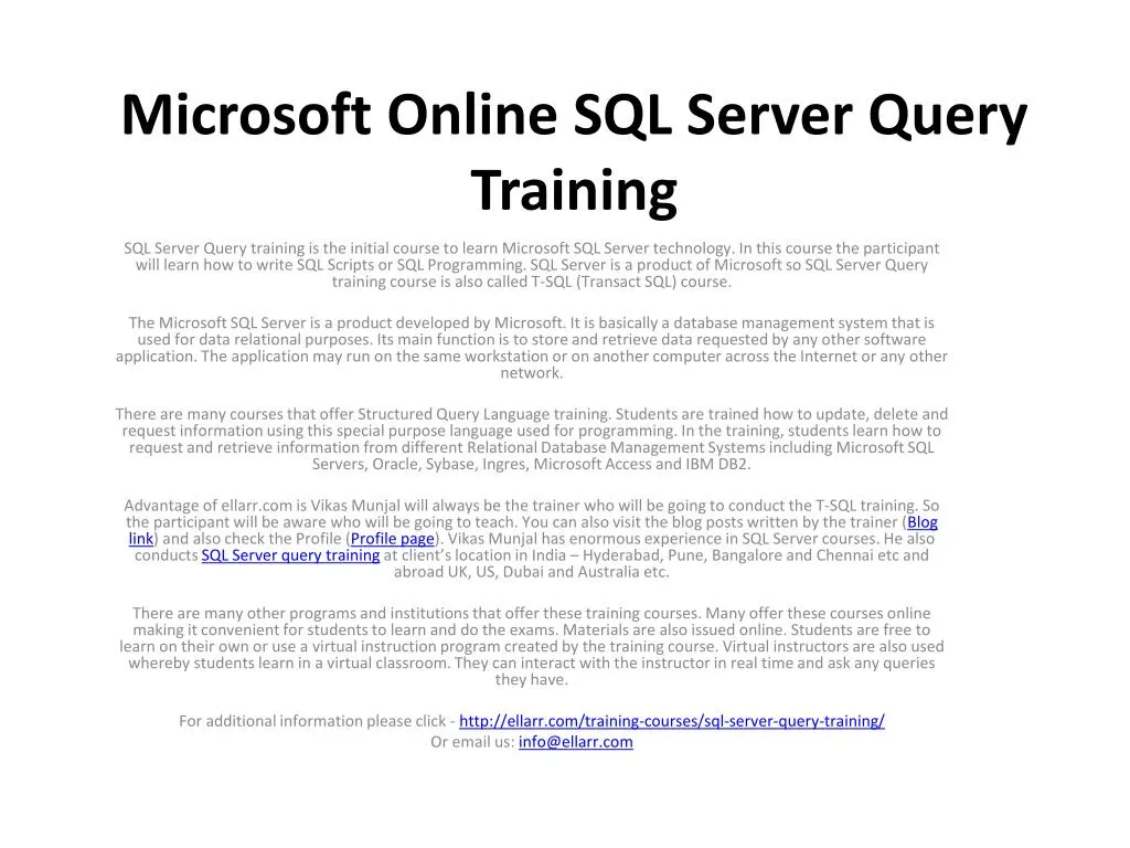 microsoft online sql server query training