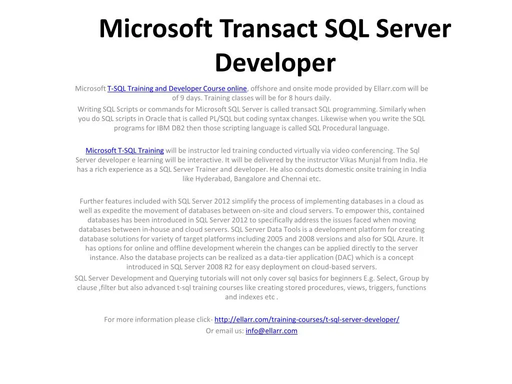 microsoft transact sql server developer