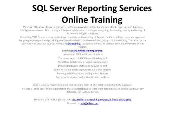 SQL Server Reporting Services Online Training