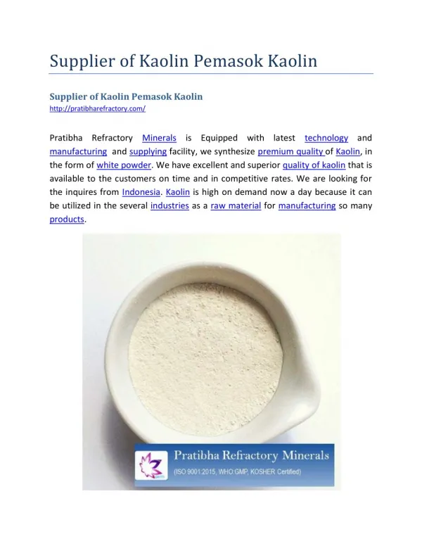 Supplier of Kaolin Pemasok Kaolin