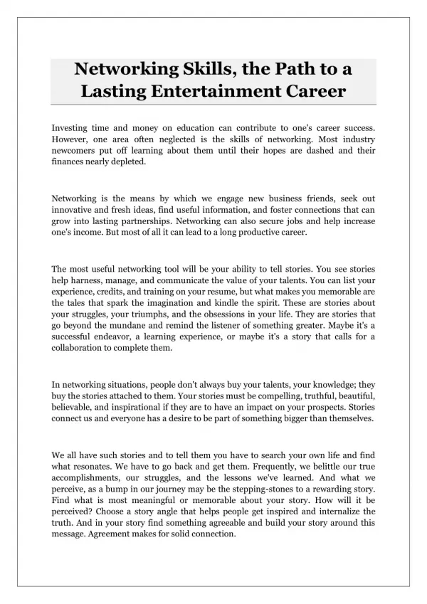 Networking Skills, the Path to a Lasting Entertainment Career