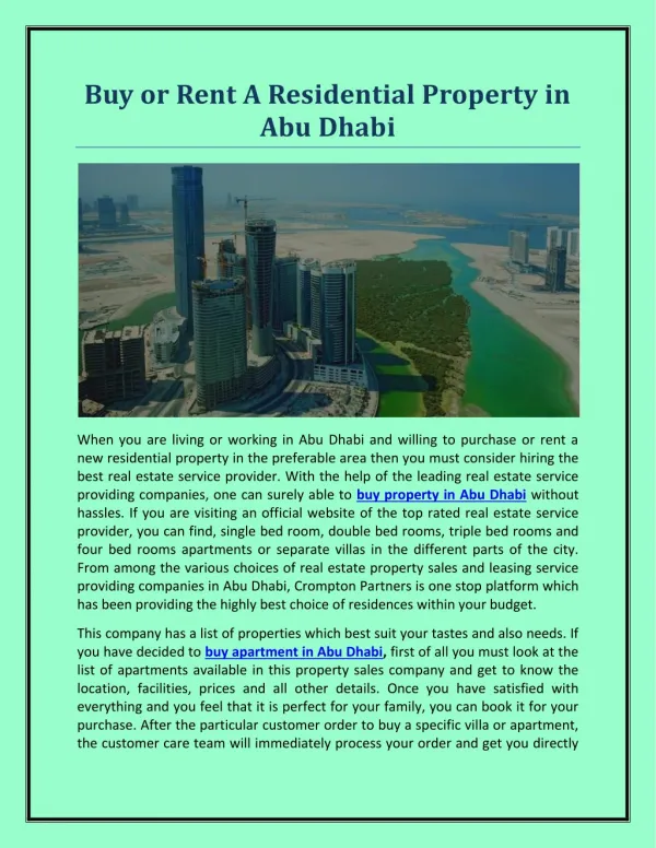 Buy or Rent A Residential Property in Abu Dhabi