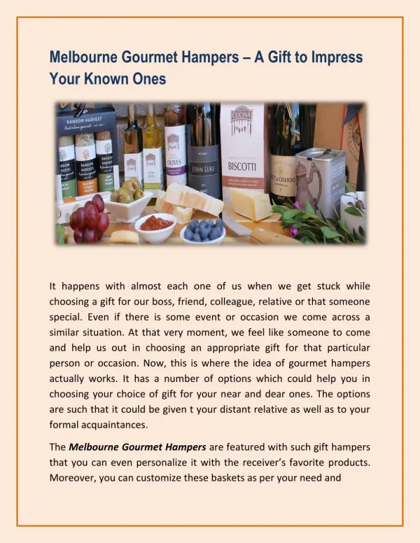 Melbourne Gourmet Hampers – A Gift to Impress Your Known Ones