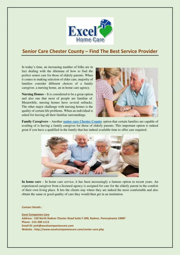 Senior Care Chester County – Find The Best Service Provider