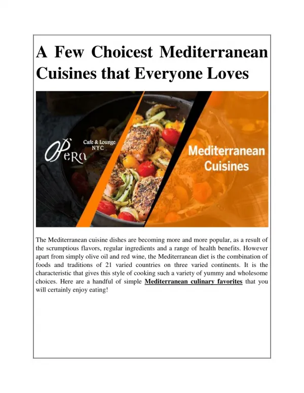 A Few Choicest Mediterranean Cuisines that Everyone Loves