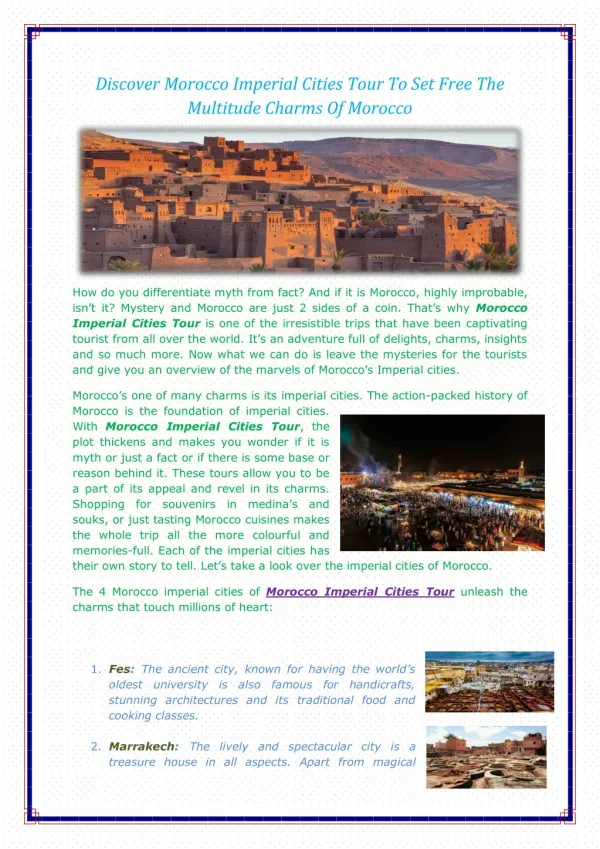 Discover Morocco Imperial Cities Tour To Set Free The Multitude Charms Of Morocco