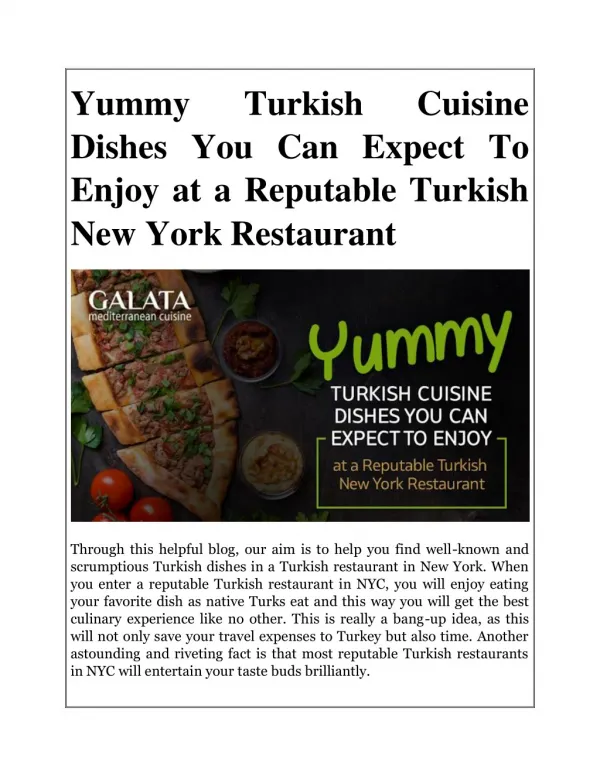 Yummy Turkish Cuisine Dishes You Can Expect To Enjoy at a Reputable Turkish New York Restaurant