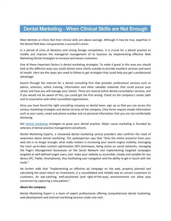 Dental Marketing - When Clinical Skills are Not Enough