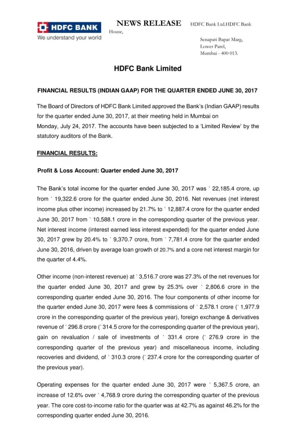 HDFC Bank Limited - FINANCIAL RESULTS (INDIAN GAAP) FOR THE QUARTER ENDED JUNE 30, 2017