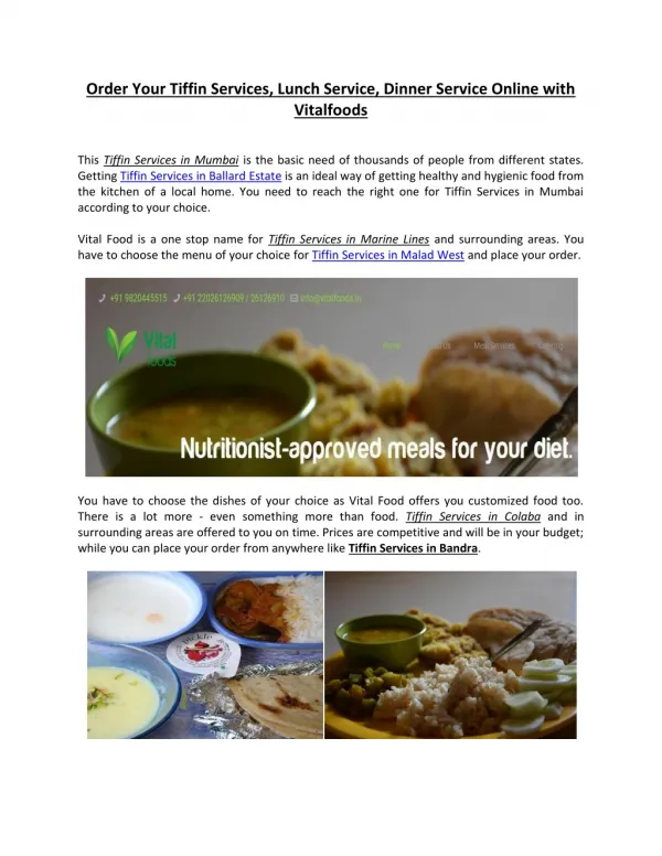 Order Your Tiffin Services, Lunch Service, Dinner Service Online with Vitalfoods