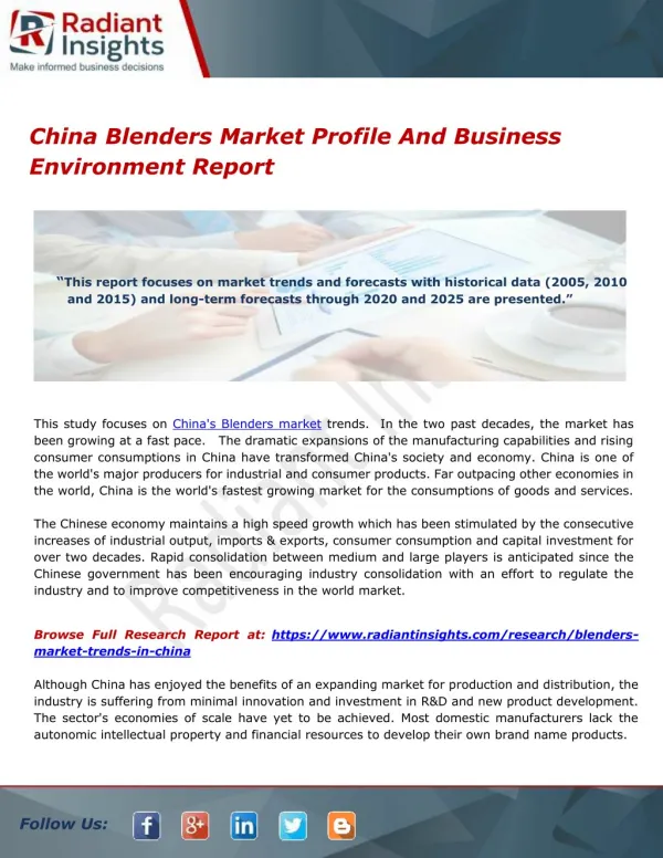 China Blenders Market Profile And Business Environment Report
