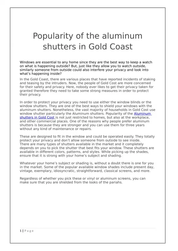Popularity of the aluminum shutters in Gold Coast
