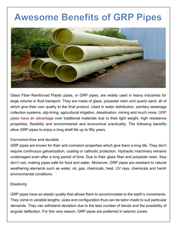 Awesome Benefits of GRP Pipes